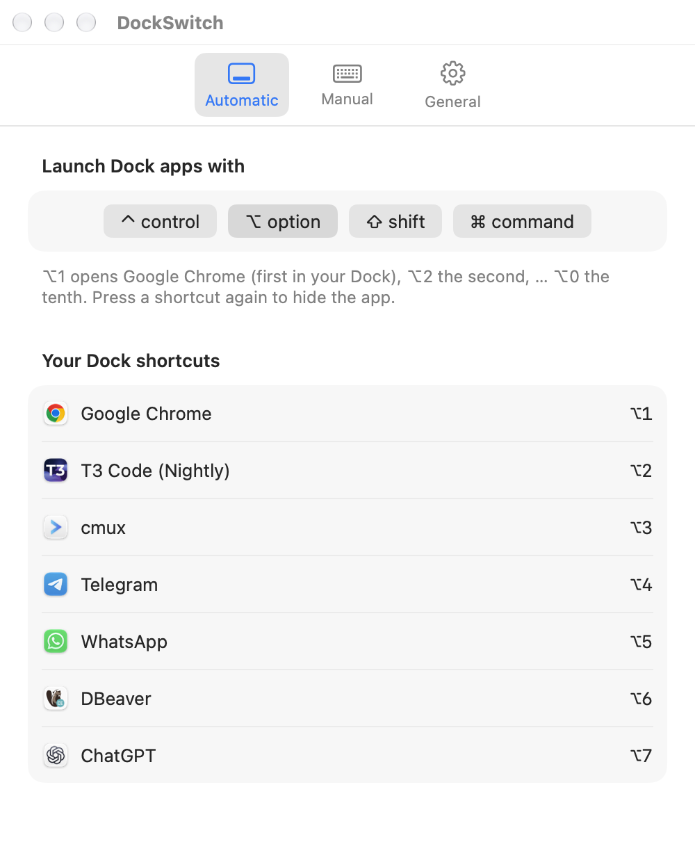 DockSwitch Automatic settings showing modifier choices and the actual apps assigned to Dock shortcuts.