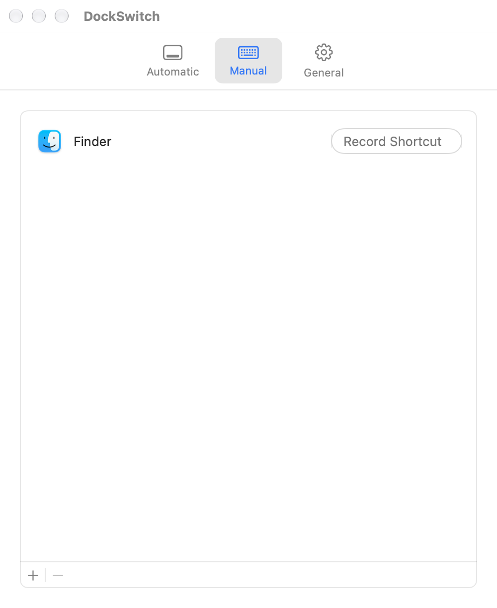 DockSwitch Manual settings with an app and its custom shortcut recorder.